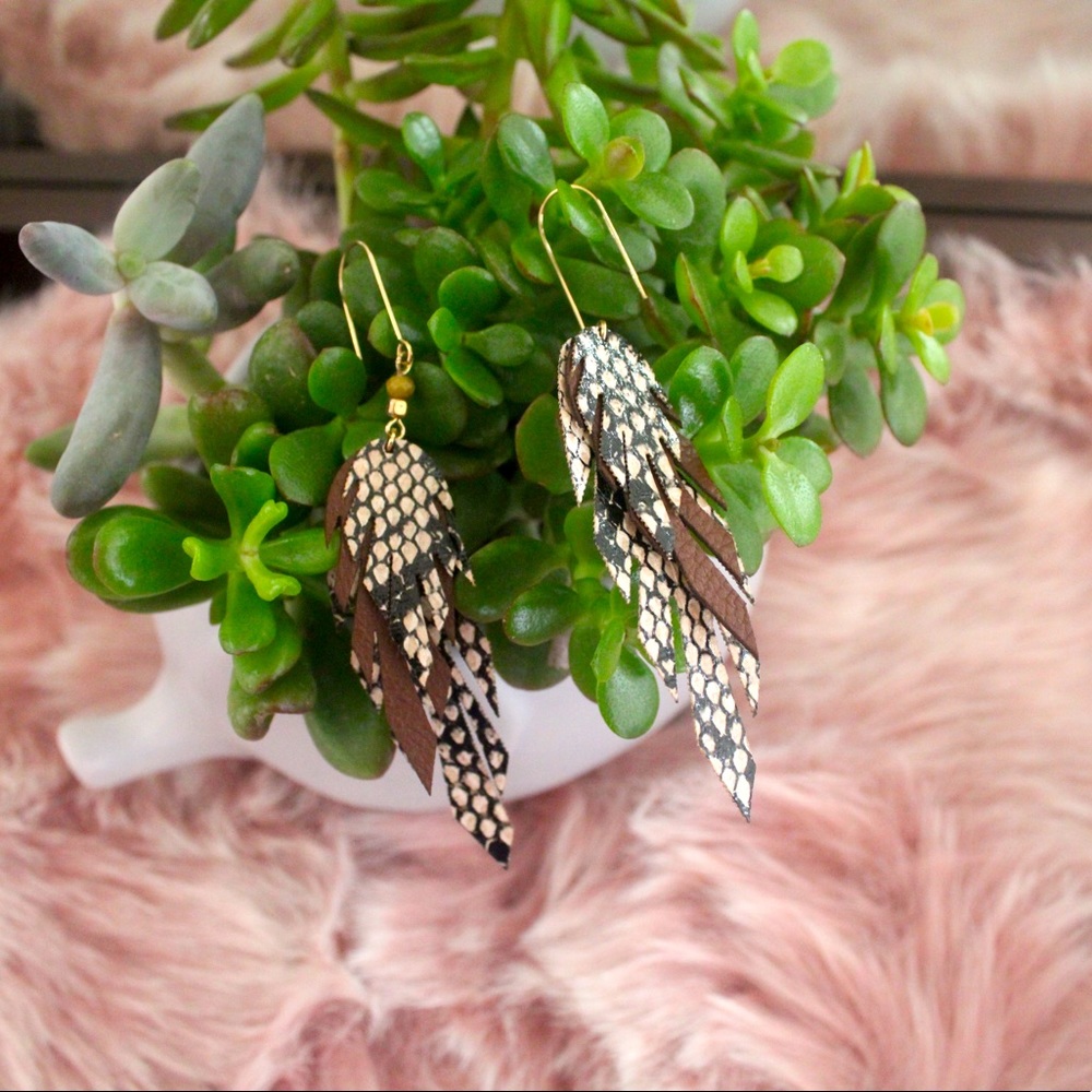 Fall Leather Feather Dangle Earrings